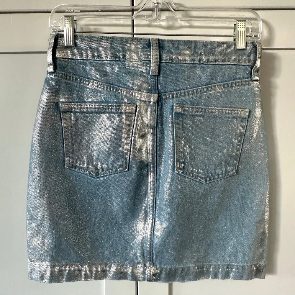 Pilcro by Anthropologie Metallic Coated Denim Mini Skirt Silver Blue - 2